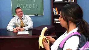 Sexy brunette girl Sisi Sinz seduces her teacher by eating banana before getting fucked