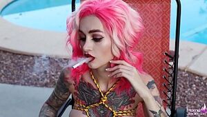 Color-Haired Lesbians Masturbate Pussys Sex Toys near the Pool and Smoking Flame Jade